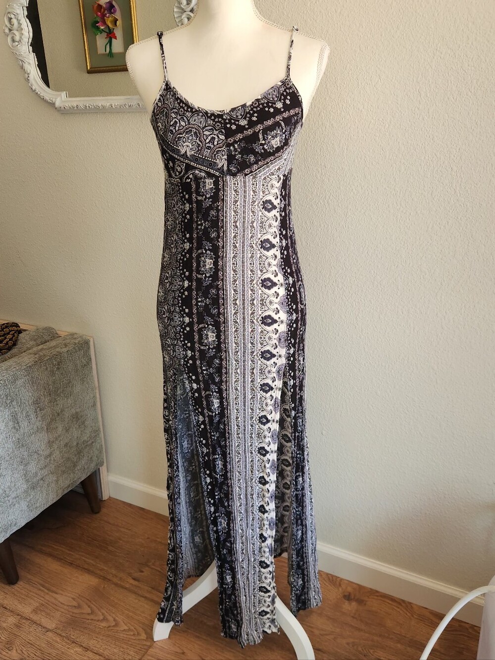 Timing Black and White Printed Spaghetti-Strap Maxi Dress